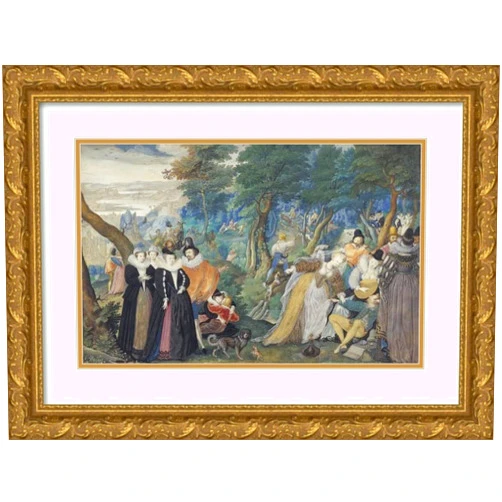 ArtDirect Isaac Oliver 18x13 Gold Ornate Frame and Double Matted Museum Art Print Titled: A Party in the Open Air. Allegory on Conjugal Love (1590-1595)