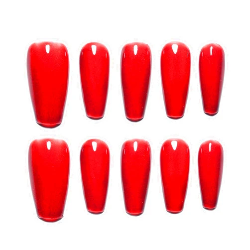 Sun&Beam Nails Handmade Press-on Medium Long Coffin Red Ruby Magnet False Nail Tips Hand-drawn Design Fashionable 10 Pcs Set (#164 L)