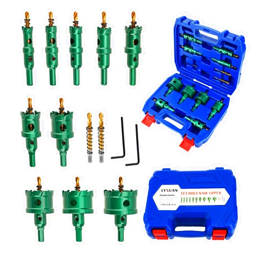 LYXUAN 12PCS TCT Hole Saw Kit with Upgraded Pilot Drill Bits,5/8''to 2-5/64'' Tungsten Carbide Hole Saw Set for Hard Metal,Alloy,Aluminum,Stainless Steel,Plastic,Iron