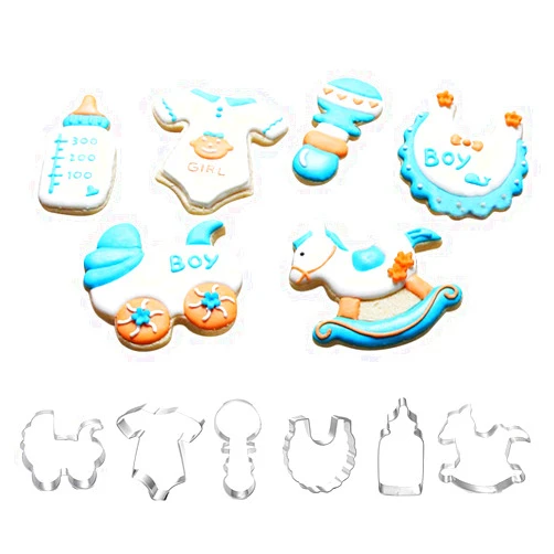 ADSWEET Baby Shower Cookie Cutter Set - Set of 6 - Onesie, Bib, Rattle, Bottle, Hobbyhorse and Baby Carriage - in Durable Stainless Steel