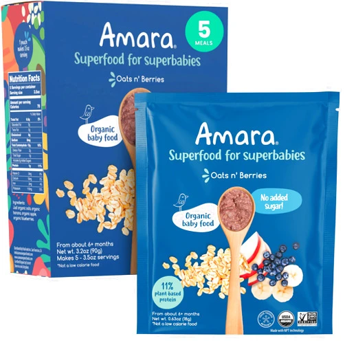 Amara Organic Baby Food - Stage 2 - Oats & Berries - Baby Cereal to Mix With Breastmilk & Water - Shelf Stable Baby Food Pouches Made from Organic Fruit and Veggies - 5 Pouches, 3.5oz Per Serving
