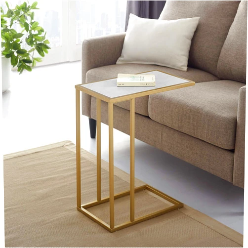 Walker Edison Brentwood Modern Glam Metal Base C Table, 2 pack, Marble and Gold