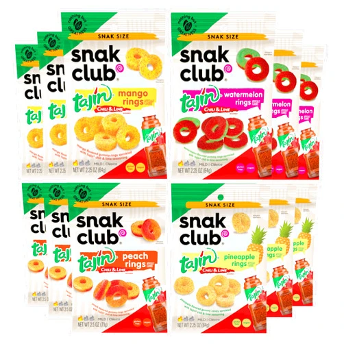 Snak Club Tajin Gummy Candy Fruit Rings, Gummies with Chili and Lime Seasoning, Mild Spice, Gluten-Free and Vegan Snacks, Assorted Variety, Mango, Pineapple, Peach, Watermelon, Snack Size 12 Pack