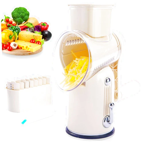 ENERGEVITY Manual Rotary Cheese Grater with Handle, 5 in 1 Replaceable Stainless Blades Cheese Shredder,Strong Suction Base Vegetable Slicer with Cleaning Brush & Bonus Storage Box for Blades (white)