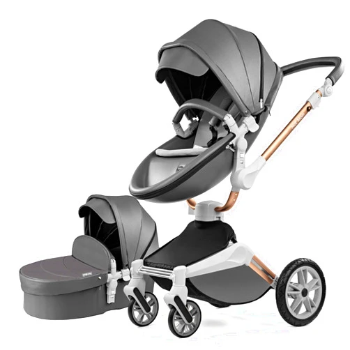 Hot Mom 2 Ultra Baby Stroller 360 Rotation Function,Baby Carriage Pu Leather Pushchair Stylish and Convenient Pram 2024 (Dark Grey)