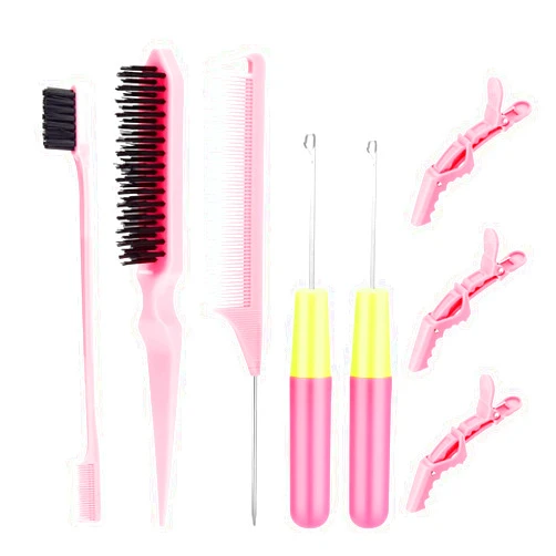 SWEET VIEW Hair Crochet Hooks Set - 2 Crochet Needles, Edge Brush, Bristle Brush, Rat Tail Comb, 3 Gator Clips for Passion Twist Hair Extensions