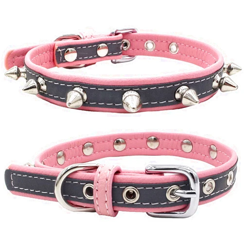 LKYADM Dog Collar with Spikes, Reflective Dog Collar for Small Medium Dogs Cats Puppies Soft Lining Adjustable Leather Pet Collar (1 Pack) (XS: 3/5 in Wide for Neck Girth: 8-10 in, Pink)