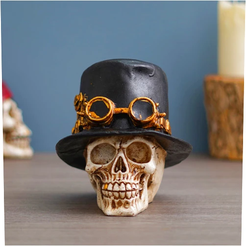 Shyam Antique Creation Resin Skull Wearing Headphones Statue, Gothic Skeleton Ornament Figure for Halloween Home Bedroom Living Room Table Decor Skull Head Vintage Home Decoration (Skull with Cap)