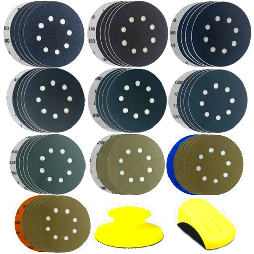 CKFCXC 50pcs Sandpaper 8 Hole 5 inch Sanding Discs Hook and Loop 60/180/240/400/800/1200/2500/4000/7000/10000 Grits with Hand Sander for Automotive Metal Polishin