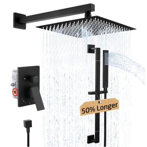 KES Shower Faucets Sets Complete 12-Inch Rain Shower Head with Handheld Spray Shower Slide Bar Including Rough-in Valve and Trim Kit Matte Black, XB6250-BK