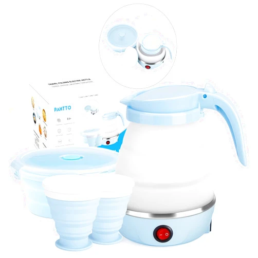 PAHTTO Travel Foldable Electric Kettle, Collapsible Portable Kettle for Fast Water Boiling Tea Coffee, with 1 Collapsible Bowl and 2 Collapsible Cups, Food Grade Silicon, 600ML 110V