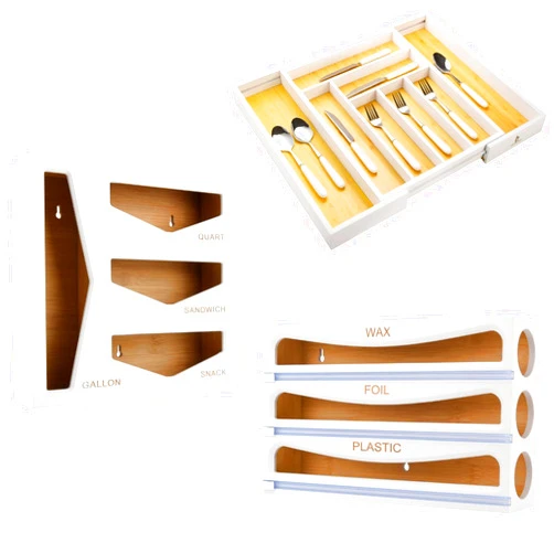 Cozee Bay Bamboo Bag Storage Organizer, Wrap Dispenser, and Drawer Organizer Bundle for Kitchen Drawer (White)
