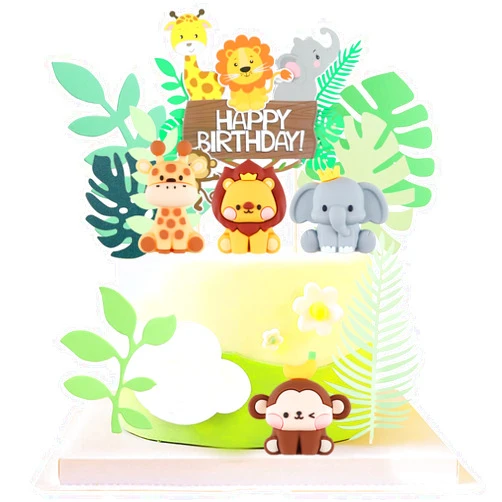 BHNKGZNA Jungle Safari Animal Cake Toppers, Wild One Animals Cake Decorations with Monkey Giraffe Lion Elephant Figurines, for Baby Shower Birthday Jungle Theme Party Supplies