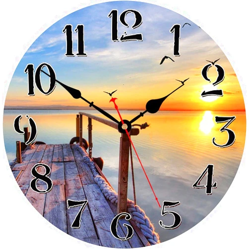 VIKMARI 14 Inch Silent Non-Ticking Wooden Round Wall Clock Big Arabic Numerals Wall Clocks Sunset by The Sea Beach Pattern Clock Battery Operated Home Decor Hanging Clocks