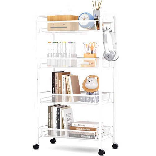 TOOLF 4-Tier Rolling Cart, Metal Utility Cart with 3 Hooks, Easy Assemble Mobile Storage Trolley On Wheels, Metal Shelving Units Kitchen Bathroom Laundry Room