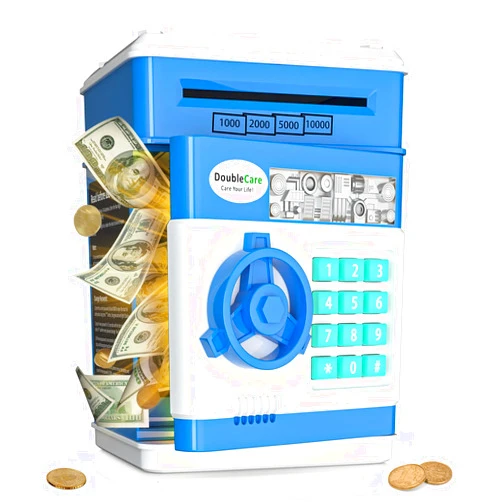 DoubleCare Electronic Piggy Bank for Kids, Money Bank with Password/Music Cute Mini ATM Piggy Bank Coin Can,Auto Scroll Cash Safe Box, Great and Practical Birthday Gifts for Boys & Girls (Blue)