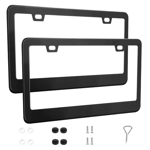 QUANQIUFEI 2 Pack License Plate Frames, Stainless Steel Car License Plate Cover Car Accessories with Screw Caps (Black)