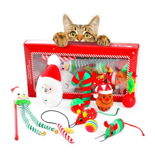 PETEPELA Christmas Cat Toys, 10 Pcs Cat Feather Mice Catnip Toys Set, Cat Gifts for Christmas, Interactive Cat Christmas Stocking Ball Toys, Crinkle Balls, Mice Toys for Indoor Cats & Kittens