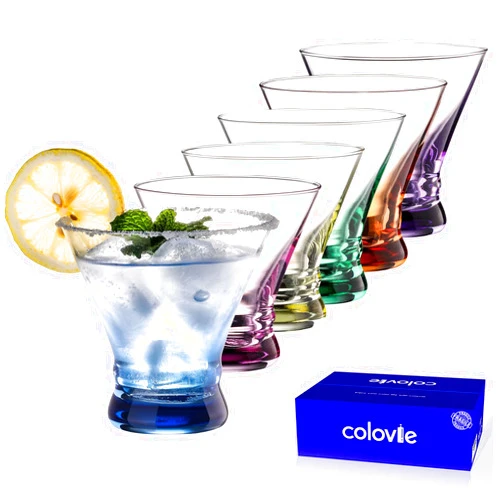 ColoVie Martini Glasses Set of 6 - Cocktail Glasses - 8oz Stemless Margarita, Bar, Dessert Glass - Colored Liquor Drinking Glassware - Cosmo, Manhattan, Espresso Martini - Cocktail Party Gift for Her