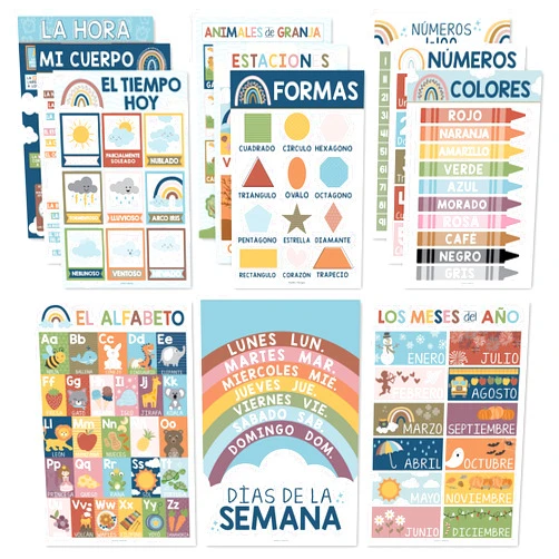 Hadley Designs 12 Boho Spanish Posters For Classroom Decorations - Spanish Educational Posters For Toddlers Spanish Posters For Classroom Elementary, Spanish Classroom Decor Spanish Alphabet For Classroom Wall