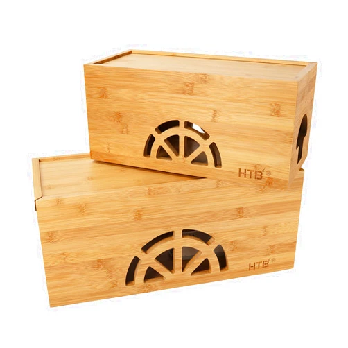 HTB Cable Management Box Set of 2 by HTB, Large & Small Bamboo Cord Organizer Box to Hide Wires & Power Strips | Desk Computer Cable Management Box | Cable Storage | Cord Box Hider for Home & Office