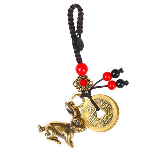 Mansiyuyee Brass Chinese Zodiac Rabbit Statue Keychain with 5 Feng Shui Coins, Animal Bunny Bag Charm Lucky Key Ring