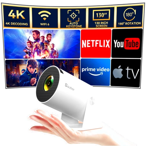 Aubor Mini Projector 1080P Support Smart Projector with Android TV 180° Rotatable Portable Projector with WiFi and Bluetooth5.2 Outdoor Short Throw Auto Keystone 130'' Screen Home Theater Projector