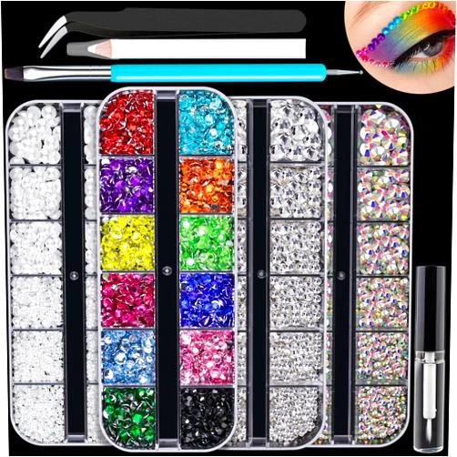 BELLEBOOST 5320pcs Face Gems Eyes Jewels with Glue, Colorful Beads & Round Glass Crystal AB + Clear Rhinestones, White Pearls with Dotting Tools, Flatback Rhinestone Pearl Kits for Body Hair Make-up, Nail Art