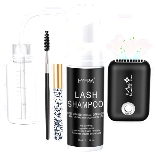 EMEDA Lash Shampoo Kit Cleaning Bath - Eyeash Cleanser for Extensions, USB Mini Portable Fan Brush Wash Bottle, Oil Free Lash Foam Safe for Natural Eyelash Shampoo for Extensions