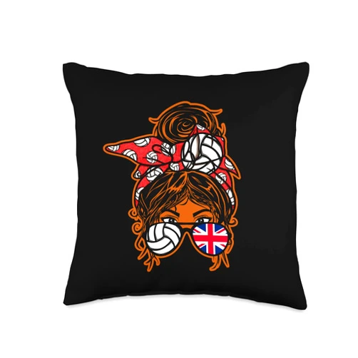 Teeisle United Kingdom Volleyball United Kingdom Brown Skin Volleyball Fan Messy Bun Hair Girl Throw Pillow, 16x16, Multicolor