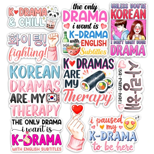 TODOLIA (10Pcs-3in) Funny K-Drama Sticker Pack, Cute Girly Korean Drama Lover Sticker, K-Drama Fan Gift, Korean Movies Kpop Decoration for Laptop Tablet Planner Water Bottle Helmet Car Vehicles