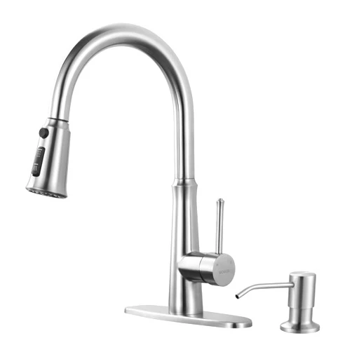 WOWOW Kitchen Faucet with Sprayer,Brushed Nickel Single Handle High Arc Stainless Steel Kitchen Faucet Tap with Pull Down Sprayer for 2 or 4 Hole,Pull Out Kitchen Faucet with Deck Plate & 3 Functions