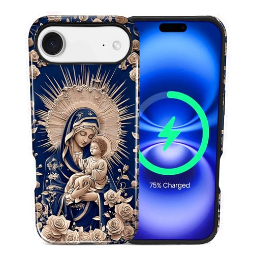 Generic Case for iPhone 17 Air [Compatible with MagSafe], Glossy Soft Silicone + Hard PC Anti-Scratch Shockproof Protective 2-in-1 Case for Women Men - Starry Night Virgin Mary and Baby Catholic