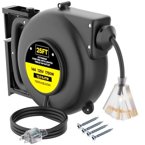 TerraBloom Retractable Extension Cord Reel with Light Indicator - 12/3 Cord Reel 25 FT - Triple Outlet Electric Cord Reel - Wall Mounted Retractable Power Cord Reel - UL Listed 14 Amp 125V 1750W