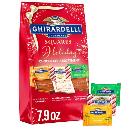 Ghirardelli Limited Edition Holiday Assorted Squares Bag, 7.5 Ounces - Milk Chocolate Caramel, Peppermint Bark, and Milk Chocolate Gingerbread Cookie