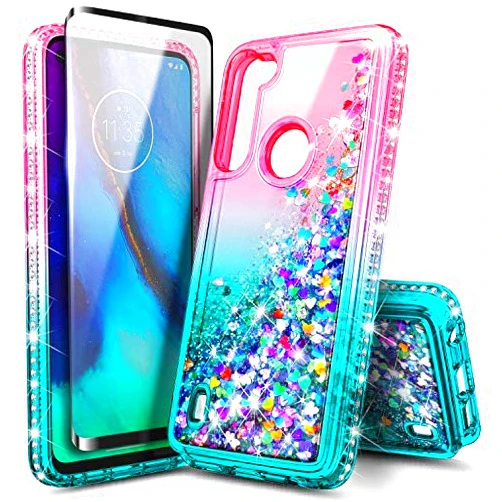 E-Began Motorola Moto G8 Power Lite Case with Tempered Glass Screen Protector (Full Coverage), Sparkle Glitter Liquid Floating w/Bling Diamond, Girls Cute Case (Pink/Aqua)