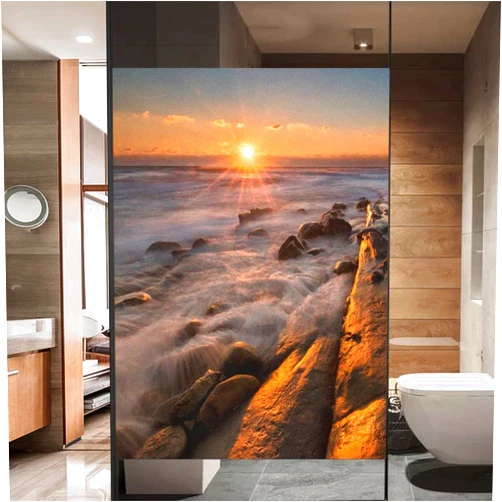 Lumanduo Window Film Privacy Sunrise Seaside Decorative Window Sticker No Glue Static Window Cling Window Coverings for Home Office 15.7