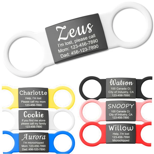 Anavia Slide On Silent Pet ID Tags, S/M/L/XL Personalized Black Stainless Steel Colored Silicone Cat Dog Name Tag, Customized Engraved Nameplate, Quiet Chew-Proof Pet Collar Tag (White, Large)