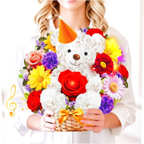 MZD8391 Birthday Cards with MUSIC & LIGHTS, Happy Birthday Card, Bear & Daisy, 10 Inch Life Sized Forever Flower Bouquet 3D Pop Up Greeting Card for Wife Mom Daughter Grandma Women