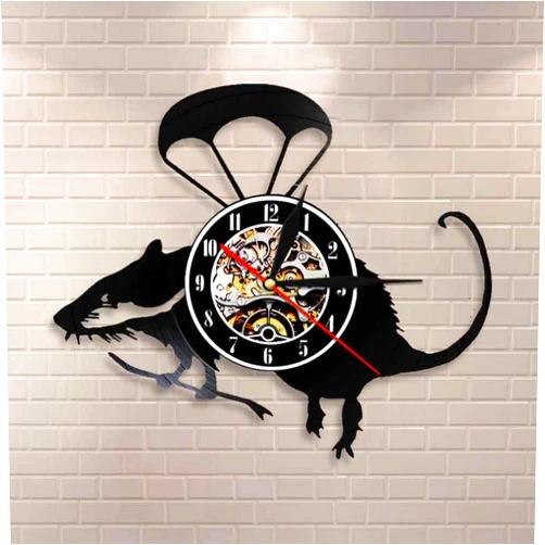 ANXXX Banksy Rat Wall Art Flying Helicopter Rat Vinyl Record Wall Clock Cute Paratrooper Mouse Decorative Wall Watch Home Decor Clock Without LED