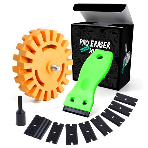 FOSHIO Eraser Wheel for Drill, Decal Remover Wheel with Adapter, Razor Blade Scraper with 10pcs Plastic Razor Blades, Rubber Tool Kit for Remove Vinyl, Decal, Adhesive, Residue, Tape (Style 1)