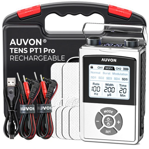 AUVON Rechargeable Digital TENS Unit Muscle Stimulator with 600 mAh Battery, TENS Machine with 8 Customizable Modes, Electric Massager for Shoulder, Back Pain Relief, 6 TENS Pads, A Carry Case