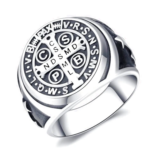 Odinstone Sterling Silver St Benedict Ring, Saint Benedict Exorcism Ring Catholic Roman Cross Protection Amulet Gifts for Men