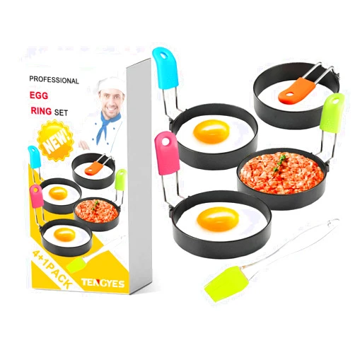 TENGYES Egg Rings Round Cooking Mold, 4 Pack Food Grade Stainless Steel Eggs Ring Molds Anti-Scald Non Stick for Frying Egg with Silicone Oil Brush