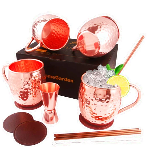 DUNCHATY Moscow Mule Mugs Set of 4, Gift Set Copper Mule Mugs Pure Solid Hammered Stainless Steel Mule Cups for Drinking, 16OZ Food Safe 100% Handcrafted Moscow Mule Kit