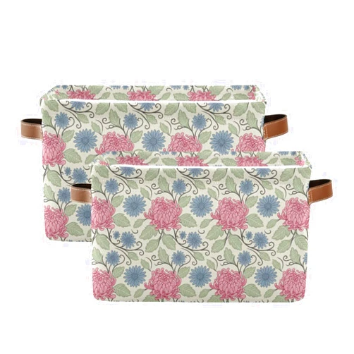 Kigai Storage Basket with Handles, Pink Chrysanthemum Foldable Canvas Storage Bin with Metal Frame for Shelves Home Office Nursery Organizing, 2 Pack