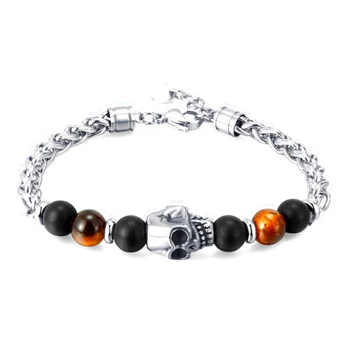 Balaijor Mens Tiger Eye Bead Bracelet Punk Rock Stainless Steel Skull Head Wheat Link Chain Bracelet