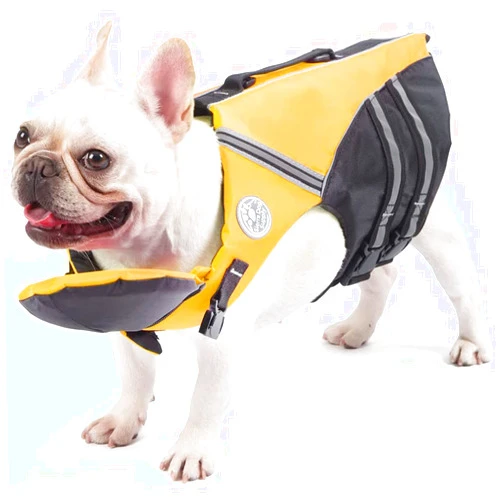Petglad French Bulldog Life Jacket, Life Vest with Chin Float Rescue Handle for Corgi Pug, Adjustable High Visibility Flotation Swim Vest for Swimming Boating (Yellow)