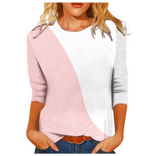 Shusuen Women's Fashion Casual Temperament T Shirts Blouse Irregular Striped Printed Seven-quarter Sleeve Slim Fit Tops