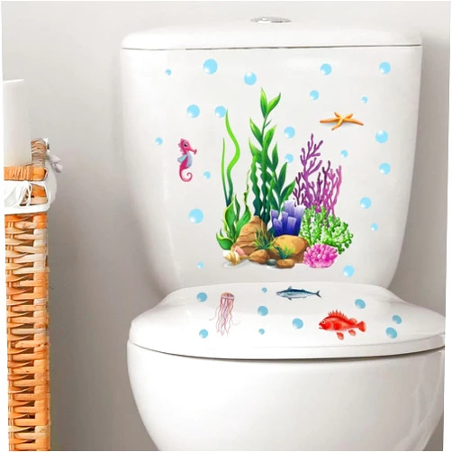 Ethanberg 2 Sheets Ocean Grass Fish Toilet Cover Stickers, Seagrass Coral Starfish Toilet Lid Decals, Bathroom Decorative Toilet Seat Wall Stickers, Self-Adhesive Removable Waterproof WC Restroom Wall Art Mural
